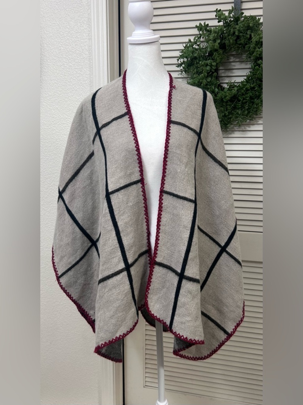 Windowpane Knit Poncho with Burgundy Trim - Women Sweater